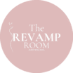 The Revamp Room logo – minimalist line art of a feminine figure with elegant serif text on blush background, circular version.